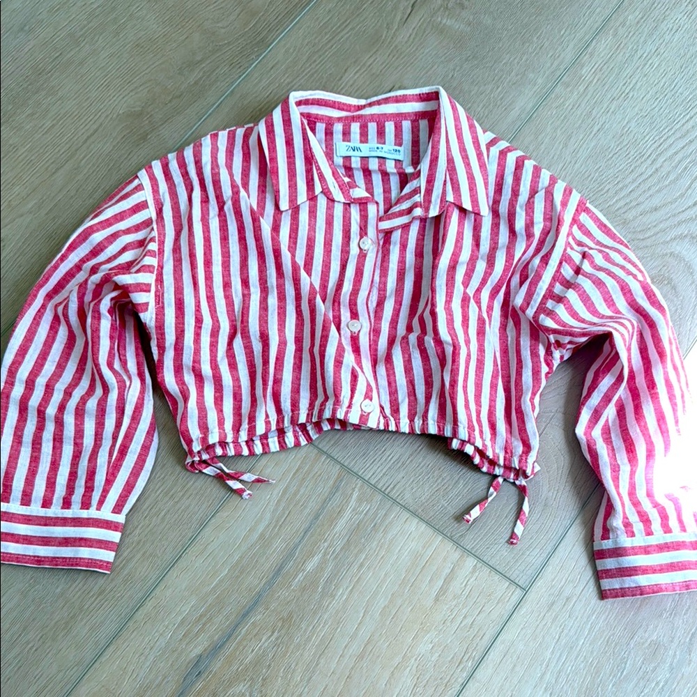 ZARA Striped Linen Cropped Button Down Top 6/7